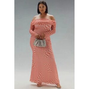 ANTHROPOLOGIE NWT $128 AFRM Mesh Gingham Check Off Shoulder Maxi Dress Size 2X